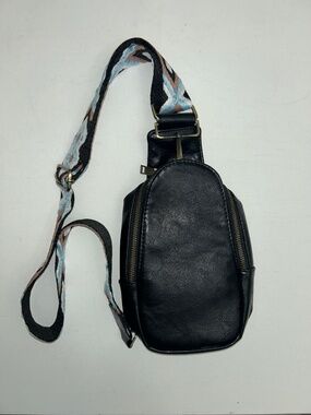 Black Sling Crossbody Bag with Distinct Knit Threaded Adjustable Strap